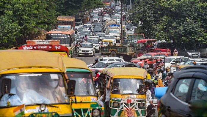 Traffic jam near Ghazipur border during the Bharat Bandh called by farmer organizations against Centres farm laws, in New Delhi on 27 September |PTI