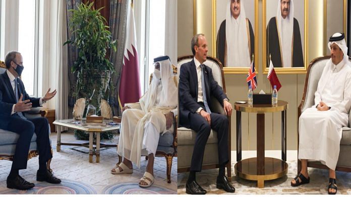 UK Foreign secretary Dominic Raab with Amir of Qatar and Foreign Minister of Qatar in Doha | Twitter /@DominicRaab