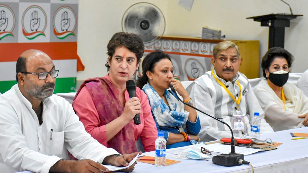 AICC General Secretary Priyanka Gandhi Vadra in a meeting with party leader in Lucknow on 10 September 2021| PTI