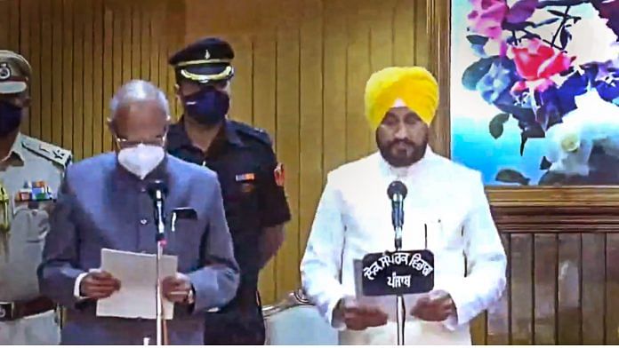 Congress leader Charanjit Singh Channi takes oath as Chief Minister of Punjab, at Raj Bhawan in Chandigarh on 20 September 2021| PTI