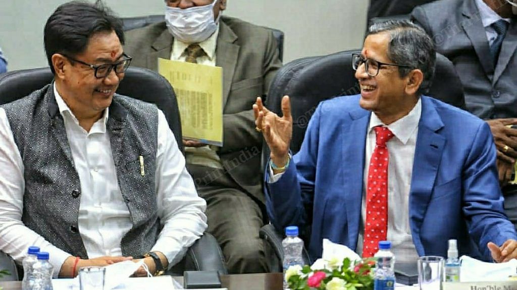 Law Minister Kiren rijiju with Chief justice of India N. V. Ramana during an event organised by the Bar Council of India | Praveen Jain | ThePrint