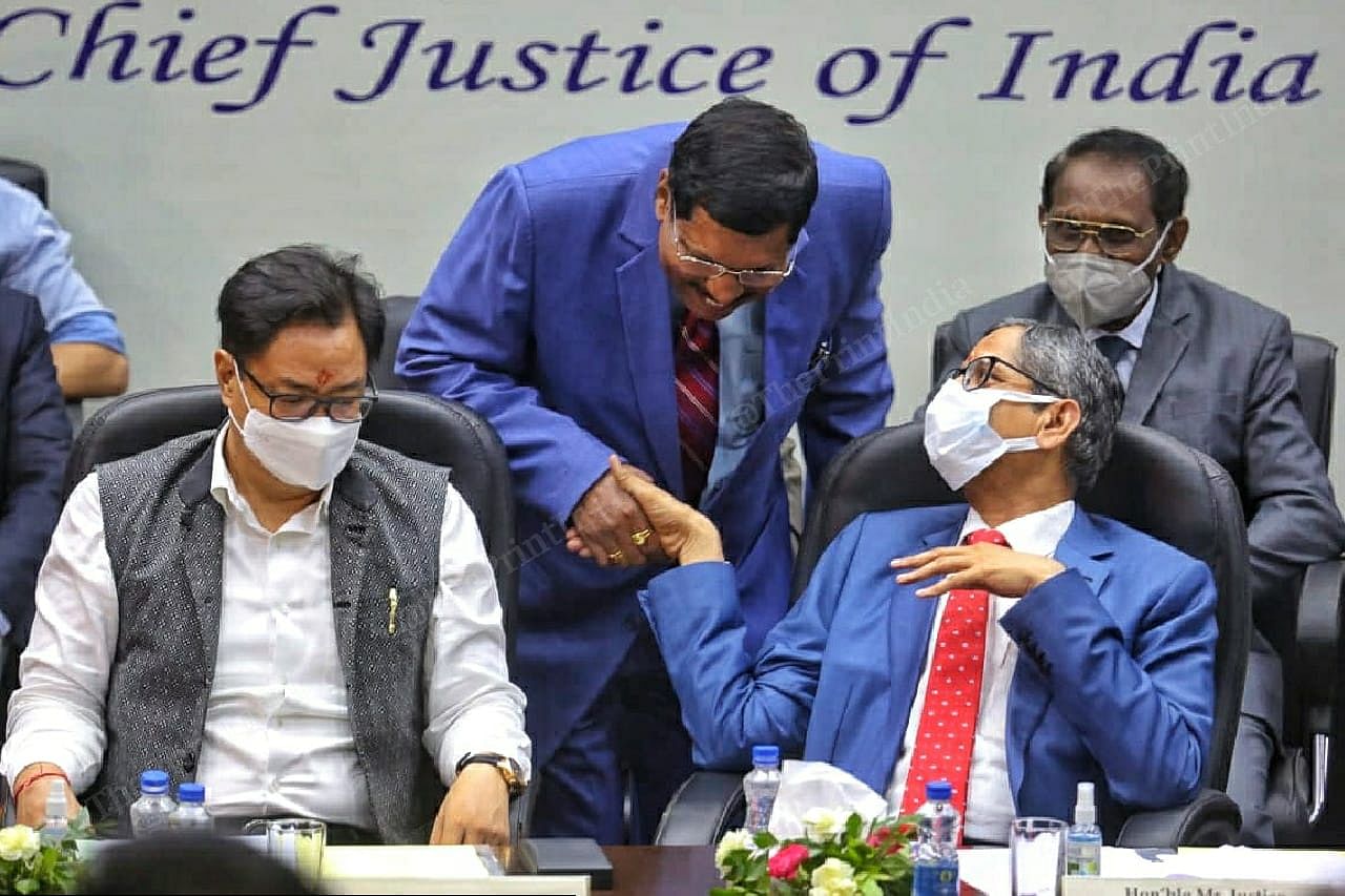 Law Minister Kiren Rijiju and CJI N. V. Ramana with Justice B.R. Gavai | Praveen Jain | ThePrint