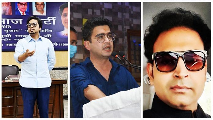 (From left) Akash Anand, Kapil Mishra and Paresh Mishra | Photo: Twitter/@AnandAkash_BSP, @satishmisrabsp, @advpareshmishra