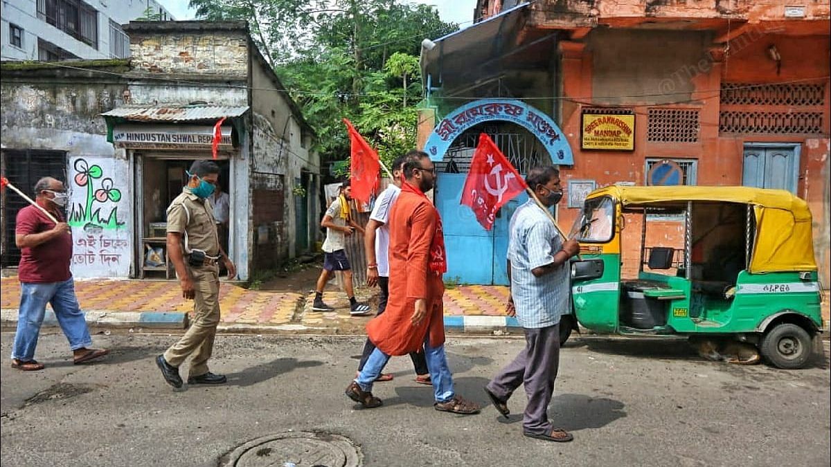 CPI(M) candidate Shrijeeb Biswas (in orange kurta) campaigns at Bhabanipur Saturday | Photo: Pravin Jain/ThePrint