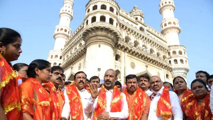 A file photo of BJP leader Bandi Sanjay Kumar (centre) along with senior party leaders after visiting Bhagyalaxami temple in Hyderabad in December 2020. | Photo: ANI