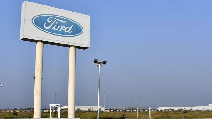 Signage for Ford Motor stands at its Vehicle Assembly and Engine Plant in Sanand, Gujarat