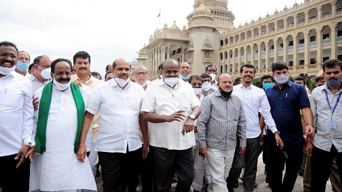 A file photo of former Chief Minister H.D. Kumaraswamy (centre) with JD(S) state president H.K. Kumaraswamy and party MLAs and MLCs, in Bengaluru. | Photo: ANI