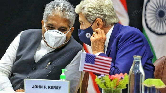 U.S. Special Presidential Envoy for Climate, John Kerry with Bhupendra Yadav, Union minister of Environment, Forest and Climate Change, Delhi | Praveen Jain, ThePrint