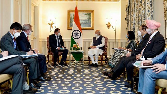 PM Narendra Modi holds a meeting with President and CEO of Qualcomm Cristiano R Amon in Washington DC, on 23 September 2021 | ANI photo