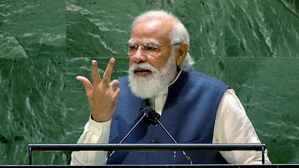 Prime Minister Narendra Modi addresses the 76th Session of the United Nations General Assembly, in New York Saturday. | Photo: ANI