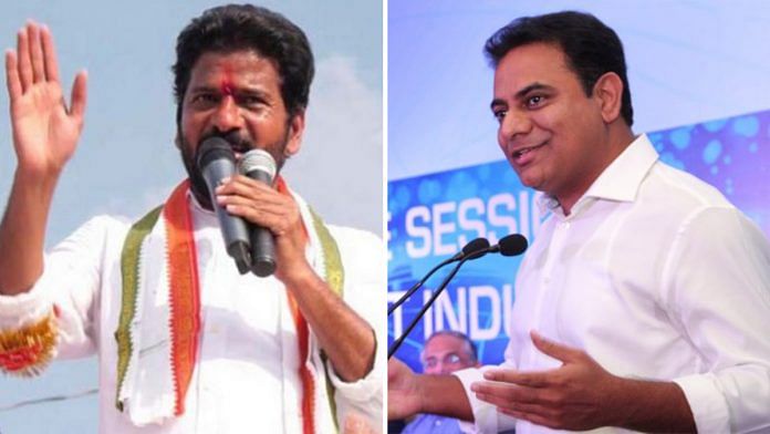 File photos of Telangana Congress chief Revanth Reddy (L) and state minister K.T. Rama Rao | Twitter & Commons