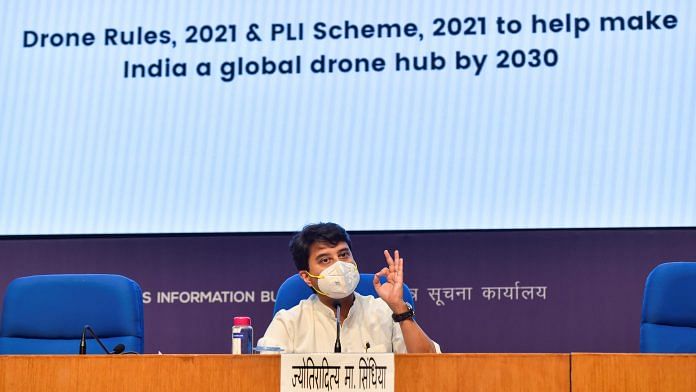 Union Minister for Civil Aviation Jyotiraditya Scindia during a press briefing on announcements of PLI scheme for drones and drone components in New Delhi, on 16 September 2021 | PTI Photo