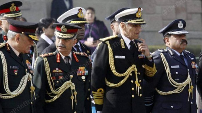 Representative image | From left to right: File photo of Chief of Defence Staff Bipin Rawat, Army chief Manoj Mukund Naravane, Navy chief Karambir Singh and Air Marshal RKS Bhadauria | Photo: Praveen Jain | ThePrint