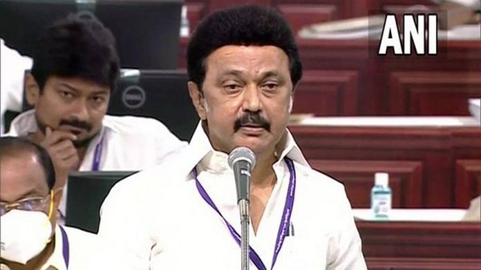 File photo of Tamil Nadu CM M.K. Stalin in the assembly, presenting a bill seeking exemption for the state's students from NEET | ANI
