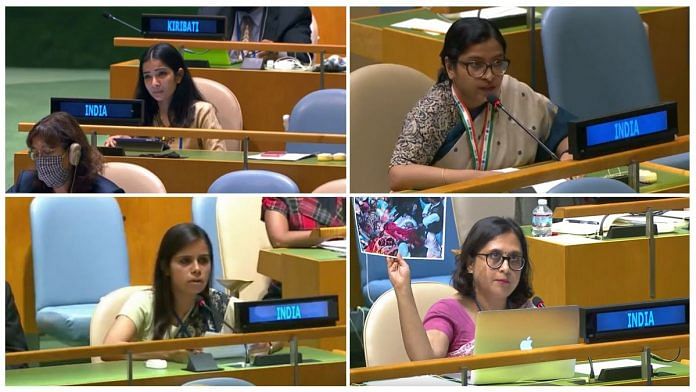 (Clockwise) Indian diplomats Sneha Dubey, Vidisha Maitra, Paulomi Tripathi and Eenam Gambhir, speaking at the United Nations. | Photo: Twitter