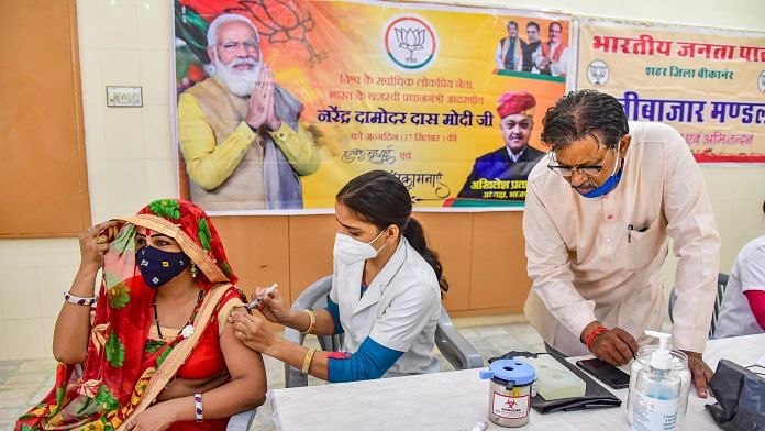 A woman receives Covid vaccine at a special camp on the occasion of Prime Minister Narendra Modi's birthday in Bikaner on, 17 September 2021