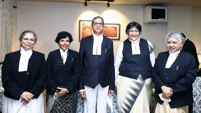 Chief Justice of India N.V. Ramana (centre) with the four women judges currently in the Supreme Court — (from left) justices Bela Trivedi, Hima Kohli, Indira Banerjee and B.V. Nagarathna | File photo: ANI