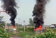 Vehicles on fire after the violence in Lakhimpur Kheri on 3 October, in which eight people were killed | Photo: ANI