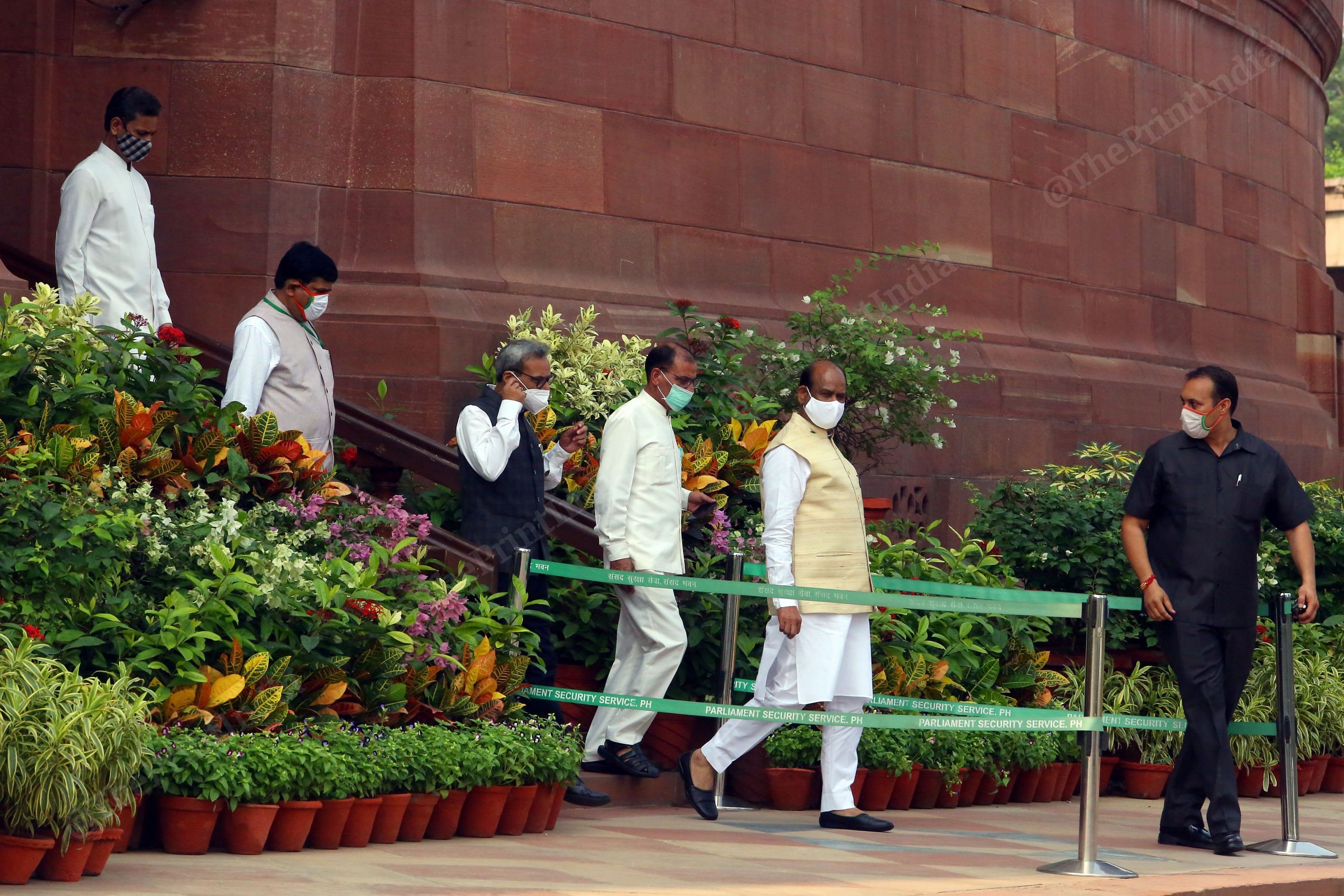 Lok Sabha speaker Om Birla coming out of the Parliament House after paying homage to Mahatma Gandhi | Photo: Praveen Jain | ThePrint