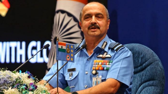 IAF chief Air Chief Marshal V.R. Chaudhari at a press conference in New Delhi on 5 October 2021 | Photo: Suraj Singh Bisht | ThePrint