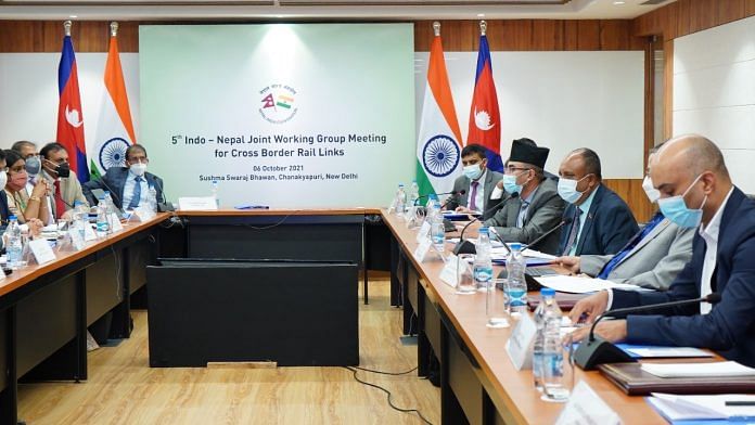 Indian and Nepali officials during the 5th joint working group meeting on cross-border rail links held on 6 October 2021.