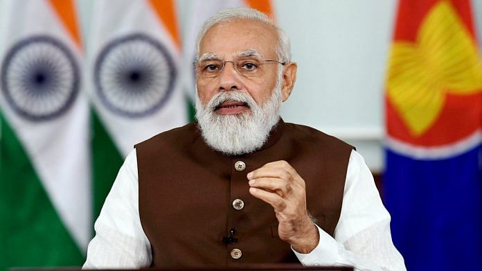 PM Narendra Modi speaks at the 18th India-ASEAN Summit, via video conferencing, in New Delhi on 28 October 2021 | ANI photo