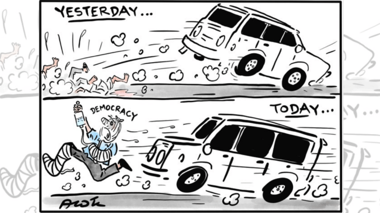 A car chases after democracy, and the snoozing Maharaja must start working from ‘home’
