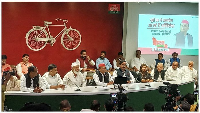 Rebel MLAs with the SP leader Akhilesh Yadav at the party headquarters in Lucknow. | Photo: Prashant Srivastava, ThePrint