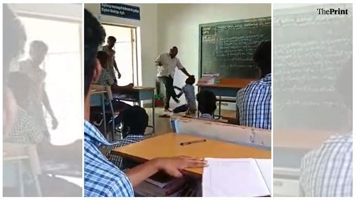 A screenshot from the viral video of a teacher in Tamil Nadu beating up his student. | Photo: Twitter/@ambedkariteIND
