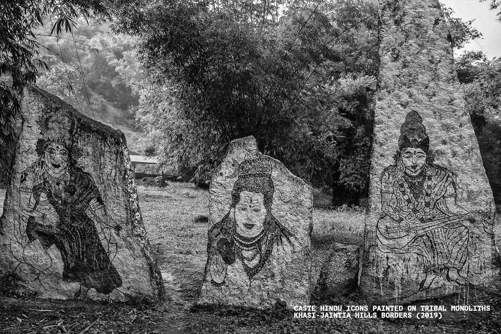 Caste Hindu icons painted on tribal monoliths in Khasi-Jaintia hills borders. | Photo Credit: Tarun Bhartiya 