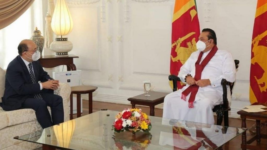 Foreign Secretary Harsh Shringla with Sri Lankan Prime Minister Mahinda Rajapaksa in Colombo Monday | Photo: Twitter/@IndiainSL