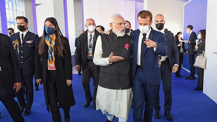Prime Minister Narendra Modi with France President Emmanuel Macron at the G20 Italy Summit in Rome, Saturday | PTI