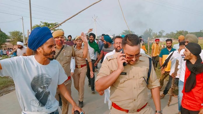 Farmers protest violence after two of the agitators were allegedly run over by a vehicle in the convoy of a union minister, in Lakhimpur Kheri on 3 October 2021 |PTI