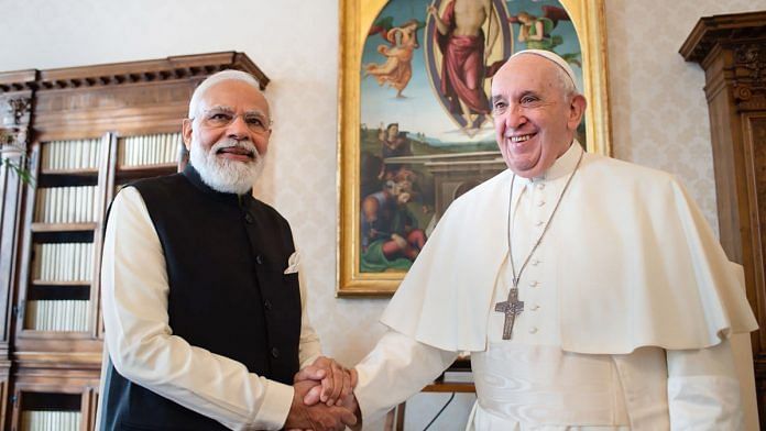 Prime Minister Narendra Modi meets Pope Francis at the Vatican City on 30 October 2021| PTI