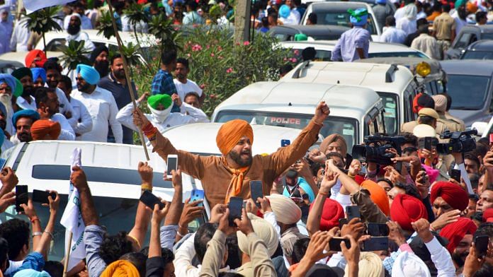 Congress leader Navjot Singh Sidhu with supporters, marches towards Uttar Pradesh’s Lakhimpur Kheri district, from Mohali on 7 October 2021| PTI