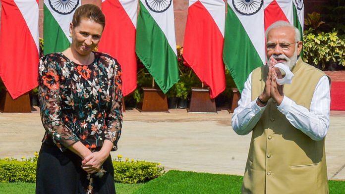 Prime Minister Narendra Modi with Denmark' Prime Minister Mette Frederiksen during their meeting at Hyderabad House, in New Delhi Saturday| PTI