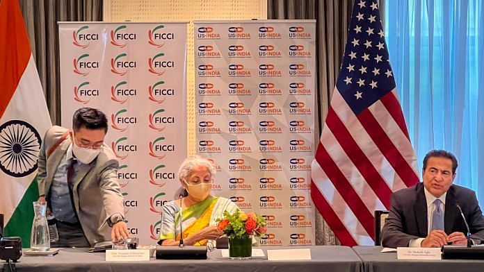 Union Finance Minister Nirmala Sitharaman during the investors roundtable meeting hosted by FICCI and US-India Strategic Partnership Forum (USISPF), in Boston on 12 October 2021 | PTI