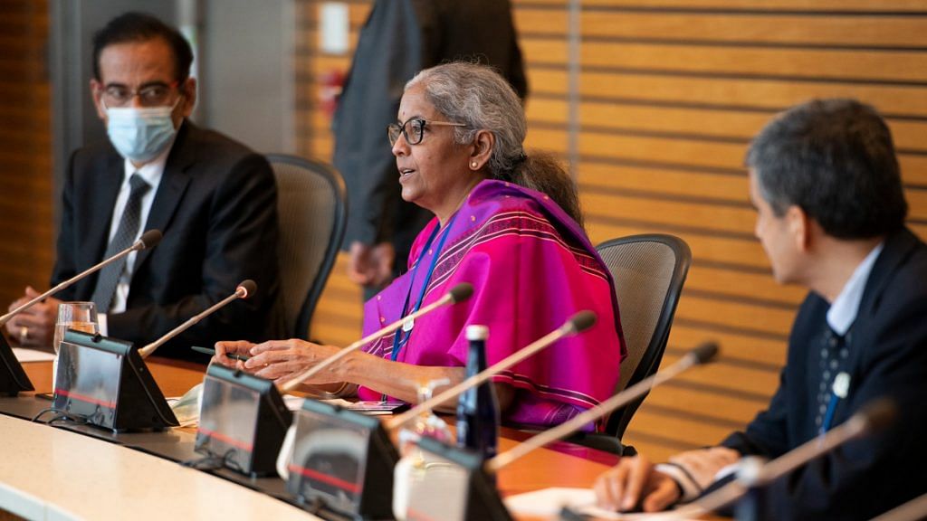 Finance Minister Nirmala Sitharaman during a meeting with World Bank Group David Malpass in Washington D.C on 15 October 2021 | Twitter/@FinMinIndia