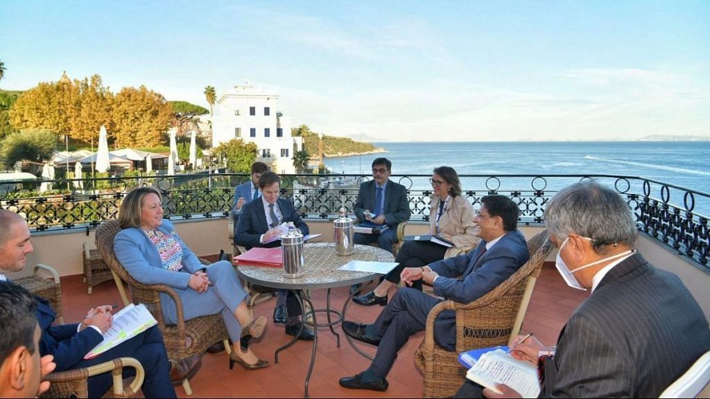 Union Minister Piyush Goyal at a bilateral meeting with UK Secretary of State for International Trade, Anne-Marie Trevelyan (second from right), on the sidelines of the G-20 Trade Ministers’ meet in Italy | Twitter/@PiyushGoyal