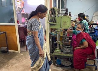 Jayalakshmi at her tiny nuts and bolts manufacturing unit in Hyderabad’s Kushaiguda neighbourhood | Photo: Rishika Sadam/ThePrint