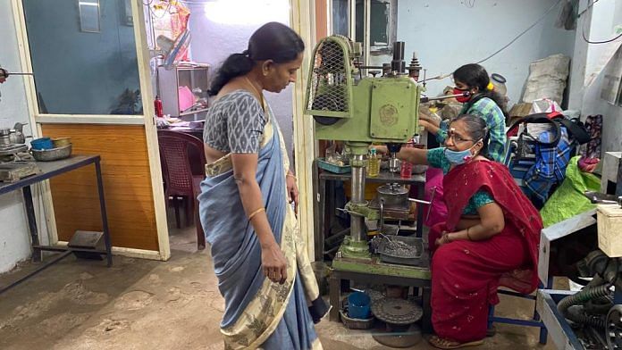 Jayalakshmi at her tiny nuts and bolts manufacturing unit in Hyderabad’s Kushaiguda neighbourhood | Photo: Rishika Sadam/ThePrint