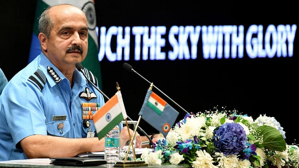 IAF Chief Air Chief Marshal V.R. Chaudhari addresses a press conference ahead of 89th Air Force Day, in New Delhi on 5 October 2021 | Photo: ANI
