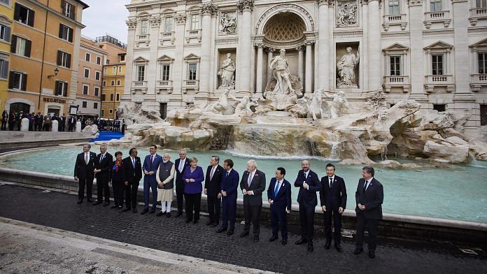 Prime Minister Narendra Modi with G-20 leaders at Trevi Fountain in Rome, on 31 October 2021 | PTI Photo
