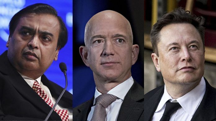 File photo of Mukesh Ambani, Jeff Bezos and Elon Musk | Bloomberg