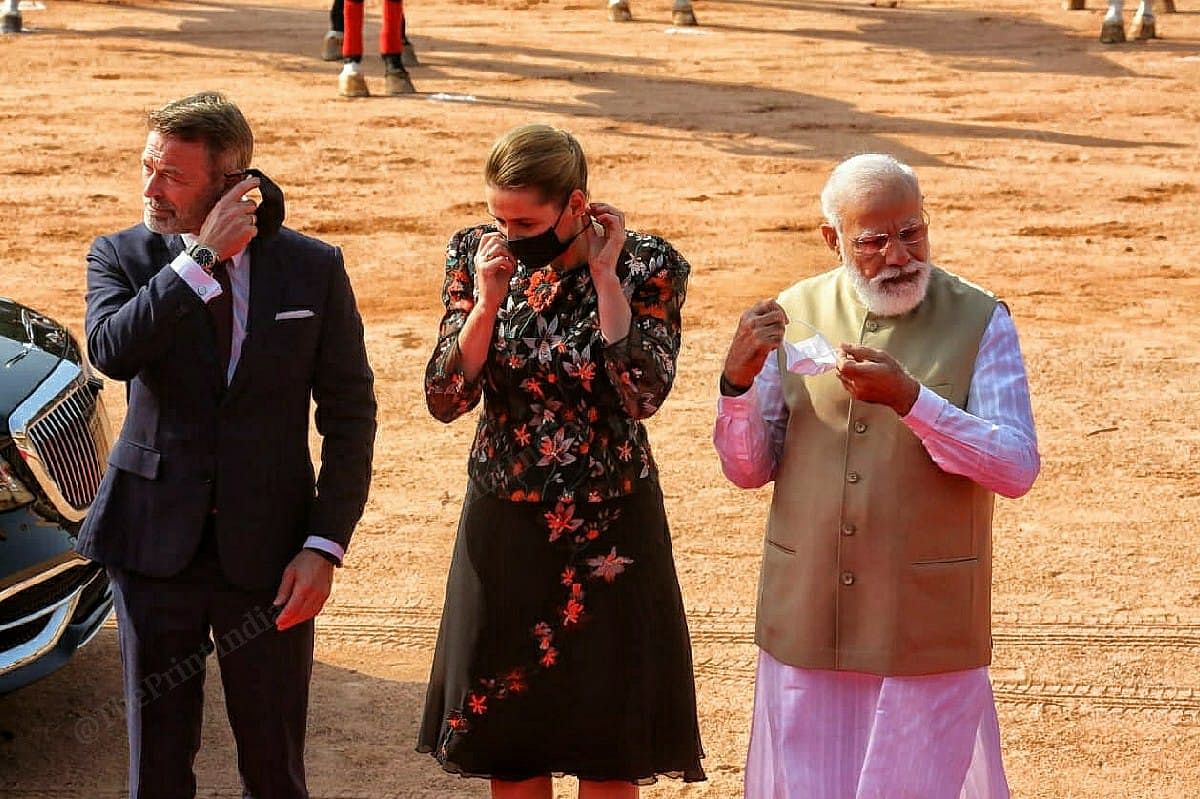Prime Minister Modi receives Denmark PM Mette Frederiksen and husband Bo Tengberg at Rashtrapati Bhavan | Photo: Praveen Jain | ThePrint