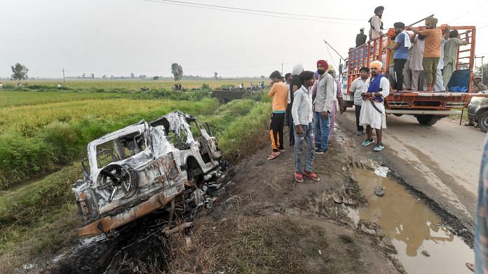 An SUV that was destroyed when violence erupted during farmers' protest in Lakhimpur Kheri | PTI Photo