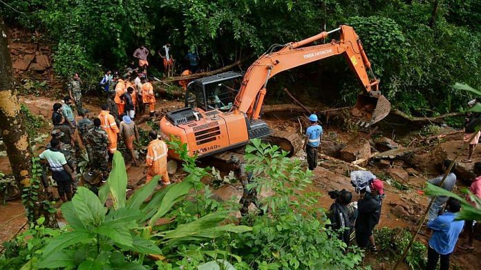 Rescue operations at the site of a landslide at Kavali in Kottayam district, on 17 October 2021 | PTI