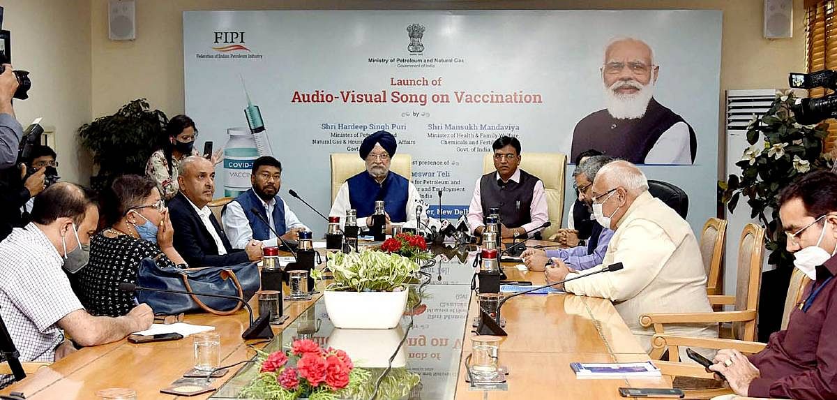 Health Minister Mansukh Mandaviya and Petroleum and Natural Gas Minister Hardeep Singh Puri at the launch of an audiovisual song on India's vaccination drive. | ANI