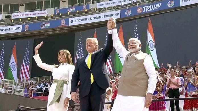 A file photo of Prime Minister Narendra Modi, US President Donald Trump and First Lady Melania Trump during the 'Namaste Trump' event at Motera Stadium in Ahmedabad. | Photo: ANI