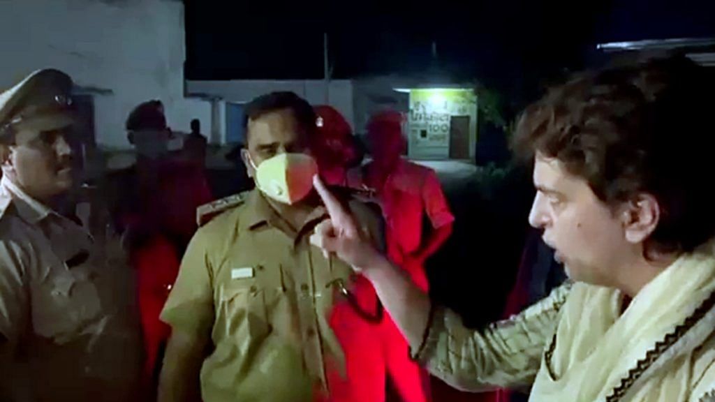 Congress General Secretary Priyanka Gandhi Vadra detained by police personnel during her on the way to on her way to Lakhimpur Kheri, in Sitapur on Monday. | Photo: ANI